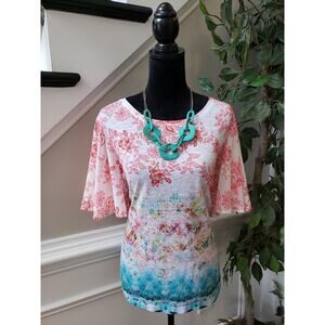 Concepts Top Women's X-Large White Pink Aqua Floral Print Flutter Sleeves